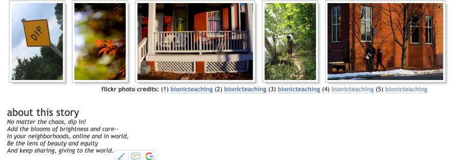 Sign that says 'Dip'; an orange flower; a front porch of red house with white trim; man in woods by river holding camera; red brick building with two people and dog at bus stop http://5card.cogdogblog.com/show.php?id=52075