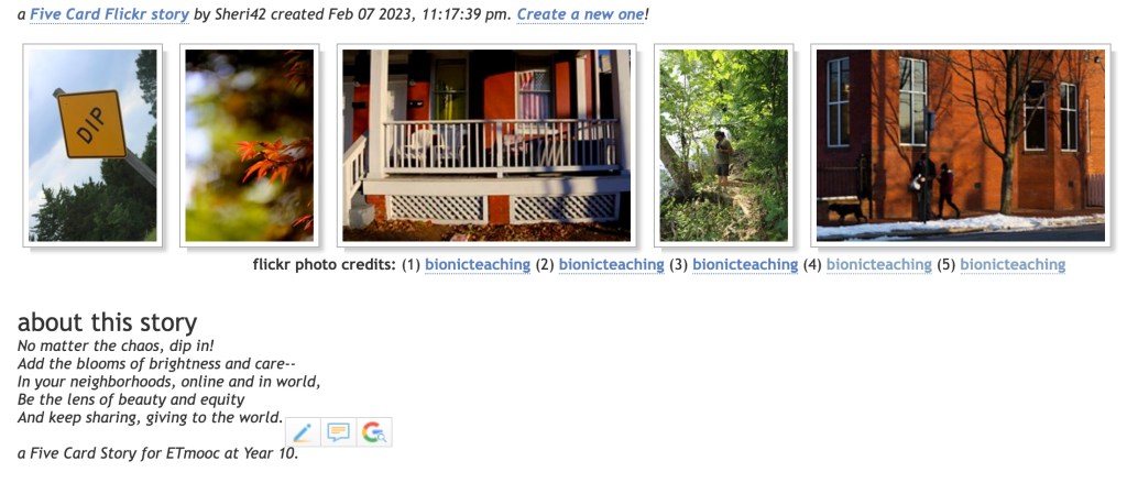 Sign that says 'Dip'; an orange flower; a front porch of red house with white trim; man in woods by river holding camera; red brick building with two people and dog at bus stop
http://5card.cogdogblog.com/show.php?id=52075