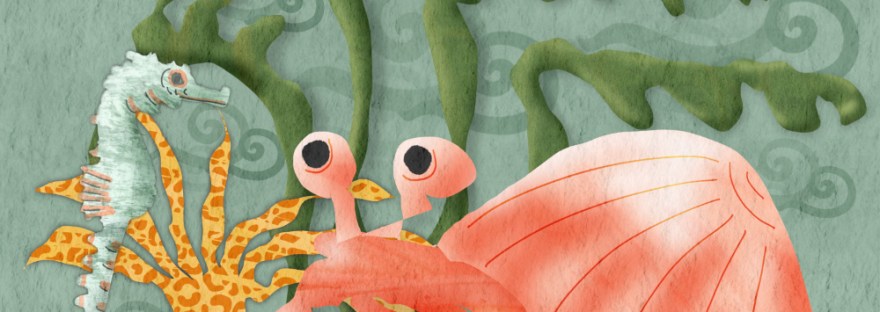 paper cut style hermit crab, seaweed, sea anemone, and sea horse