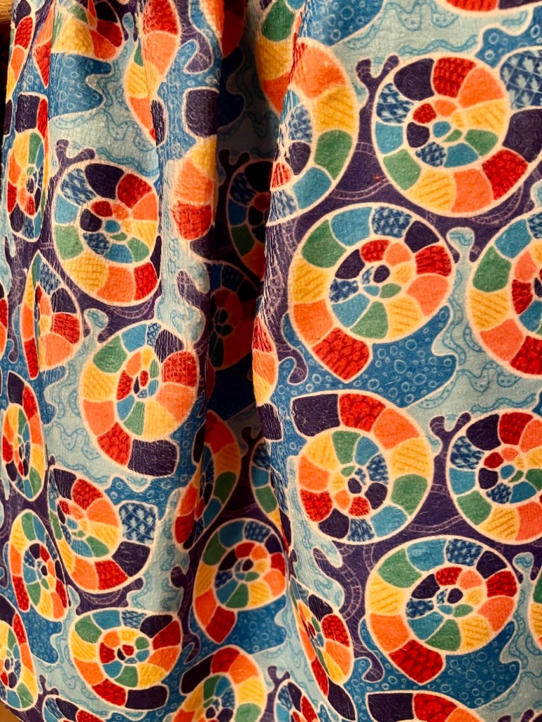 Folds in hanging towel of rainbow-colored nautilus with wavy blue backgrounds