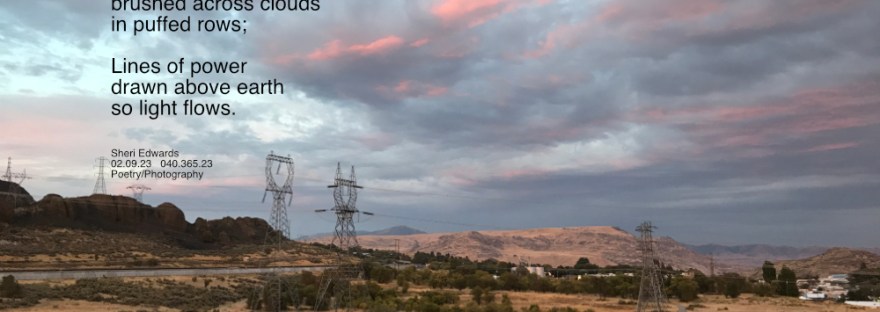 landscape of North Dam area with power lines across beneath a peachy, cloud streaked sunset.