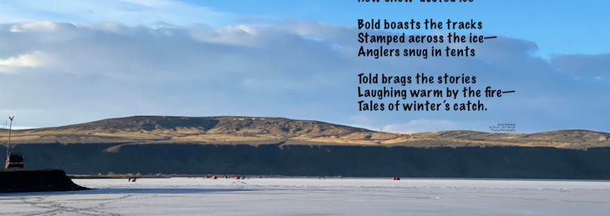 Coulee City, WA— ice anglers far out on the ice in tents on Banks Lake