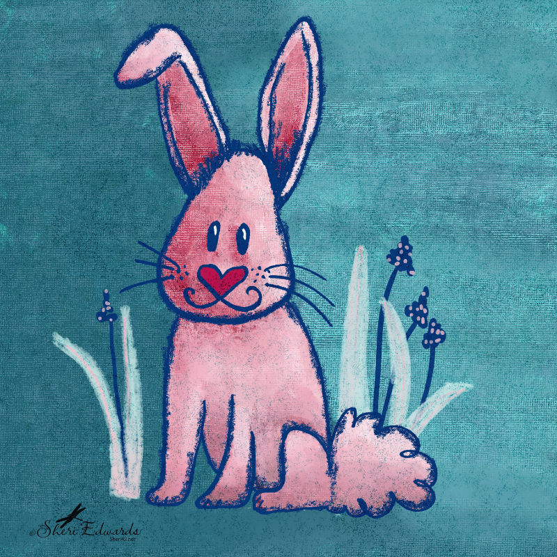 A Silly Rabbit in blues and pinks
