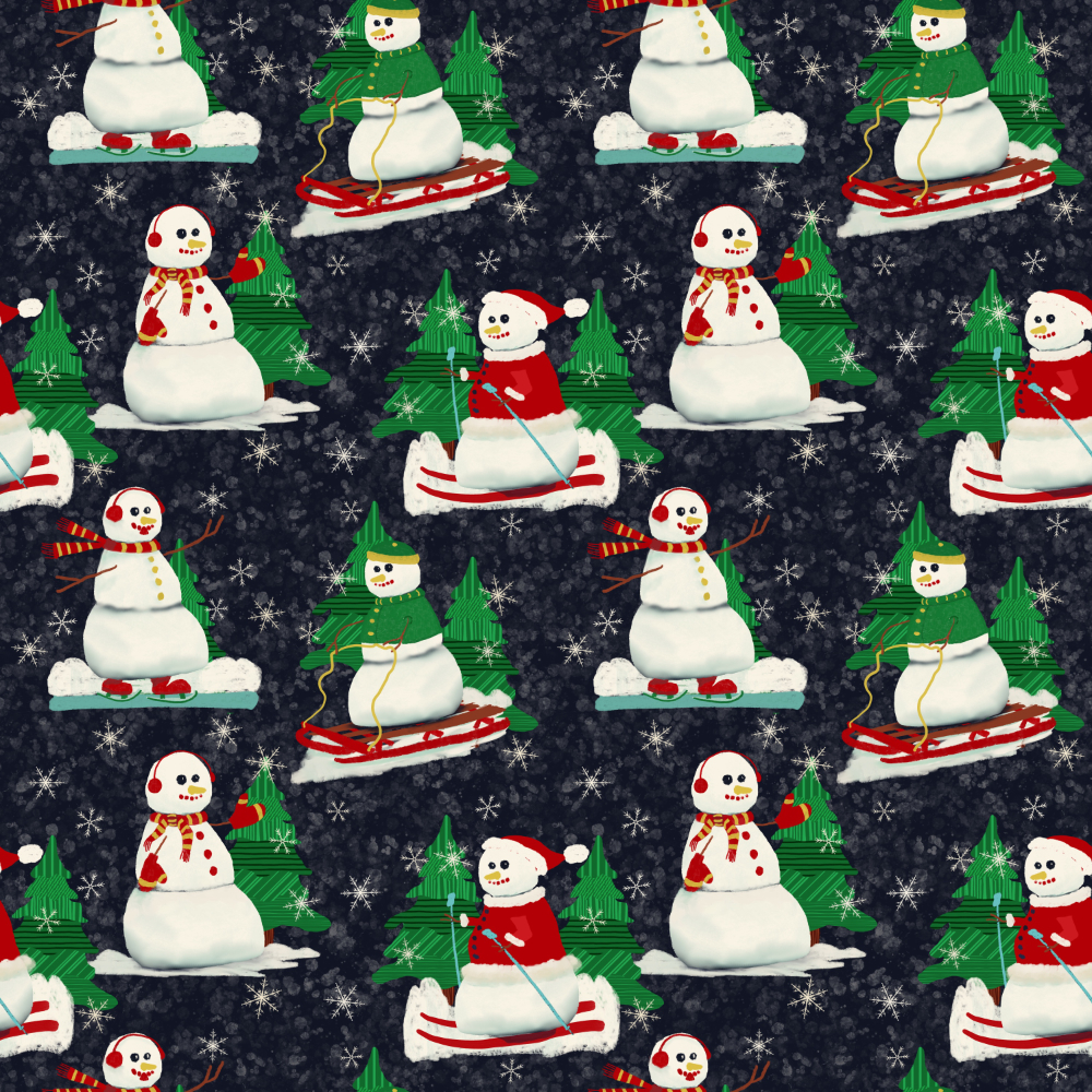 Snowman Frosty enjoys winter — ski, sled, skate Surface Pattern Design -- 2x2