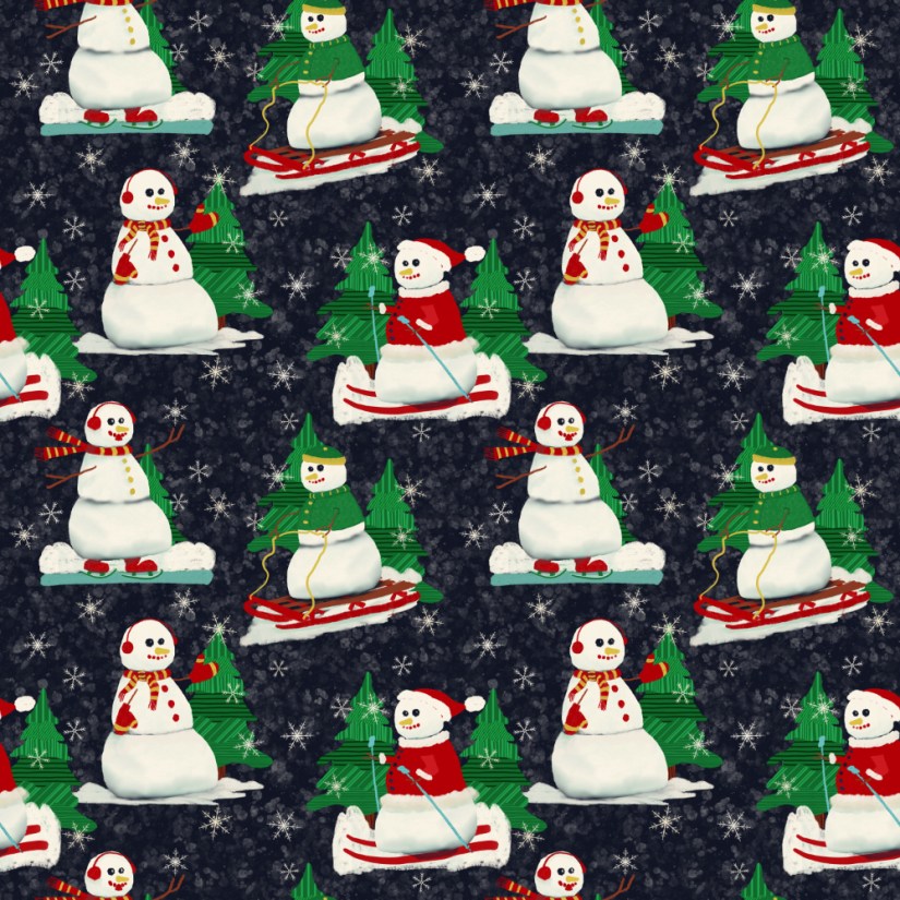 Snowman Frosty enjoys winter — ski, sled, skate Surface Pattern Design -- 2x2