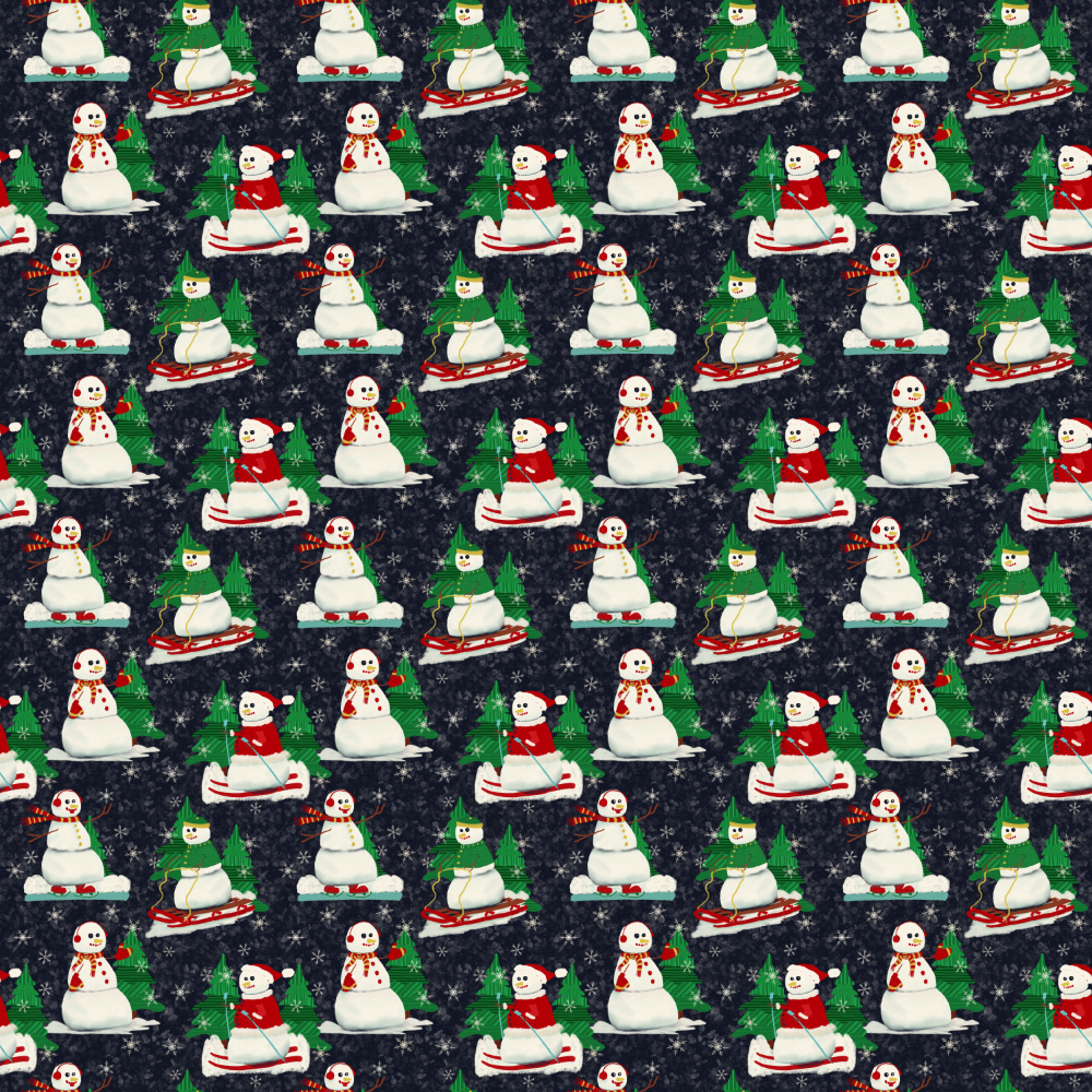 Snowman Frosty enjoys winter — ski, sled, skate Surface Pattern Design 4x4