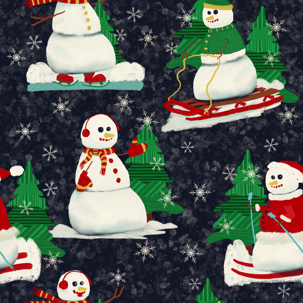 Snowman Frosty enjoys winter — ski, sled, skate Surface Pattern Design