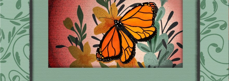 A Hello Card with butterfly, bouquet, sunset