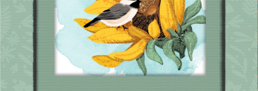 a Hello Spring greeting card with sunflower and chickadee on flowered background with a border of leaves and chickadees