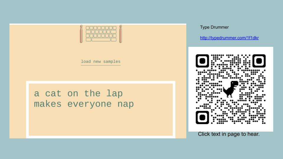 a cat on the lap
makes everyone nap

QR code to drummer interpretation of text from typedrummer.com

http://typedrummer.com/1f1dkr
