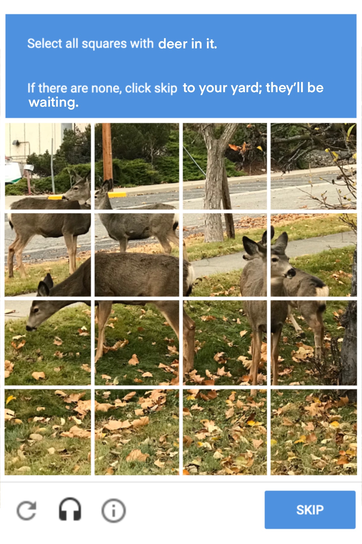 ReCAPTCHA with mule deer: Select all squares with deer in it. If there are none, click skip to your yard, they’ll be waiting