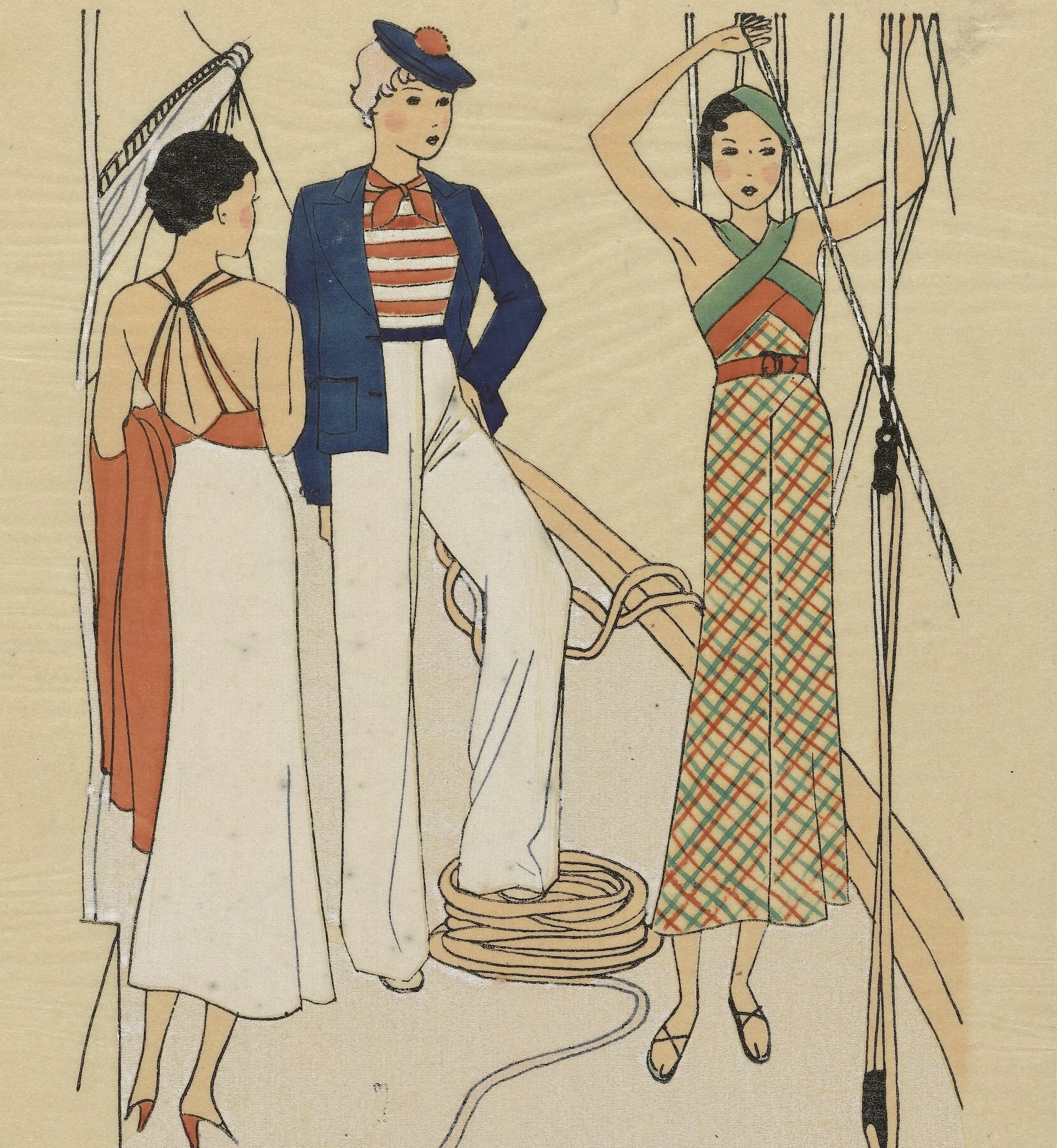 three fashion models on a sailboat source image: Très Parisien, Juin 1933, No. 7 : En mer.- A gauche, robe; Rijksmuseum; Public Domain
