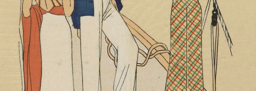 three fashion models on a sailboat source image: Très Parisien, Juin 1933, No. 7 : En mer.- A gauche, robe; Rijksmuseum; Public Domain