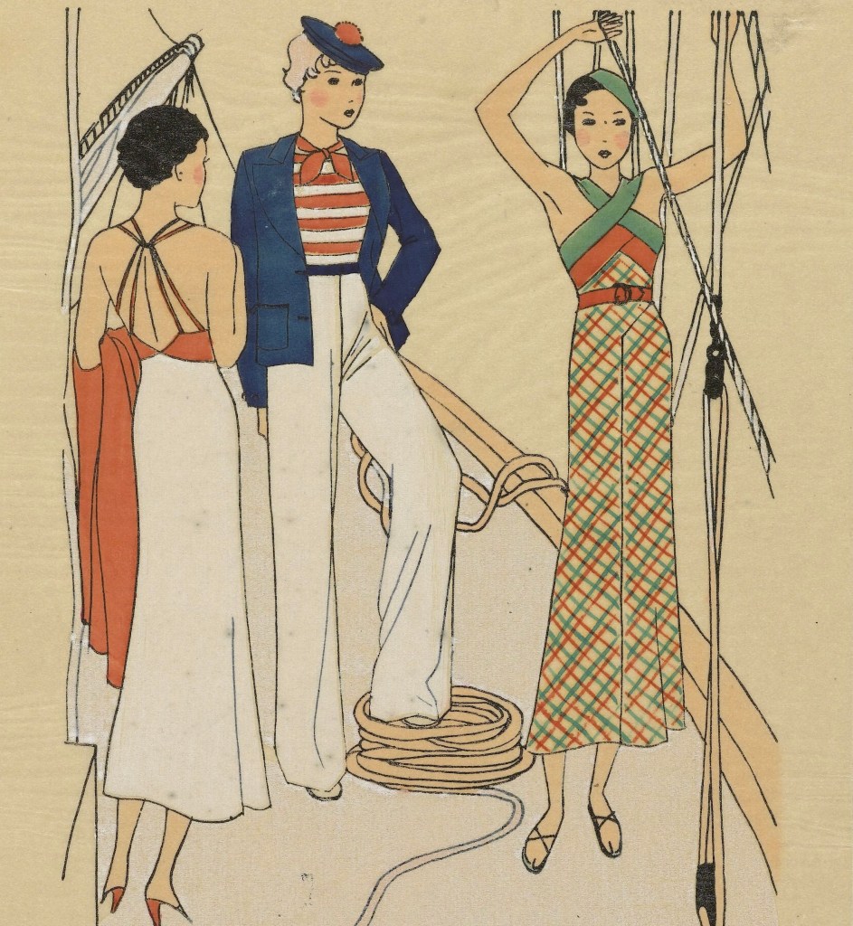 three fashion models on a sailboat

source image:
Très Parisien, Juin 1933, No. 7 : En mer.- A gauche, robe; Rijksmuseum; Public Domain
