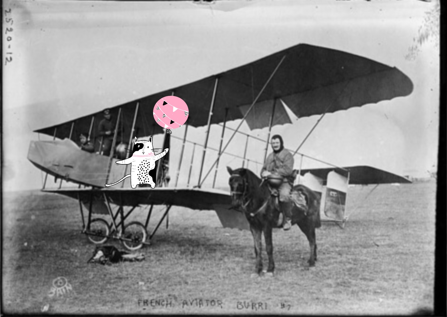 Cartoon cat and balloon stands on top of bi-plane in a black and white photo also with a man on horse