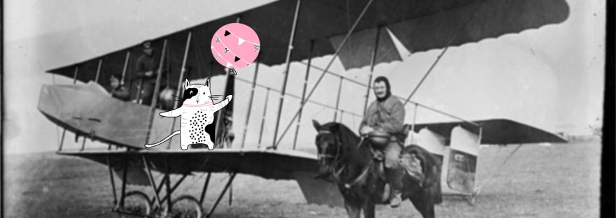 Cartoon cat and balloon stands on top of bi-plane in a black and white photo also with a man on horse