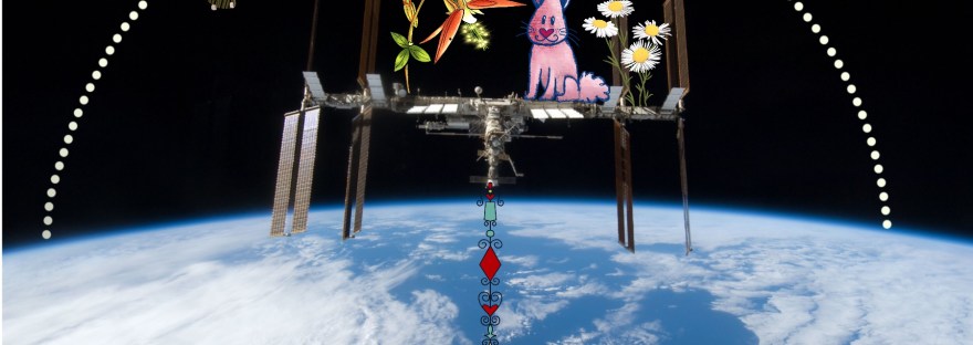 Space station with additions: flowers, rabbit- -and a skateboarder jumped over the station