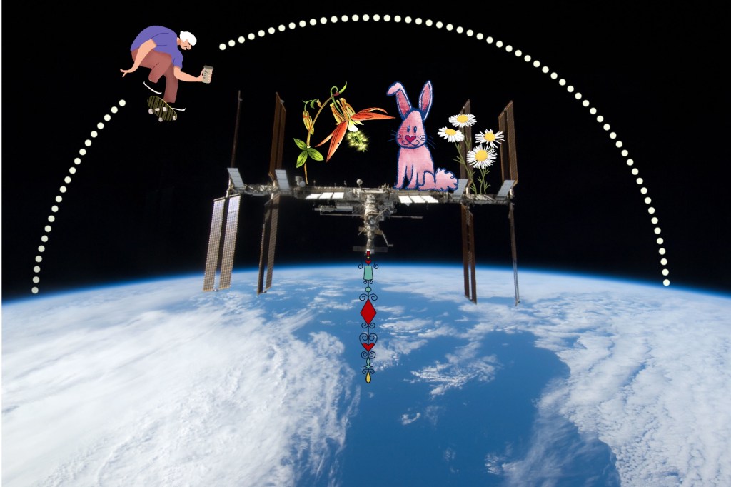 Space station with additions: flowers, rabbit- -and a skateboarder jumped over the station