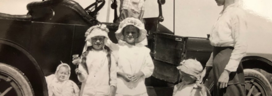 Gramma Sophie, my dad hanging, aunties and Uncle Dee as baby In Sunday dress up on the horseless carriage ©
