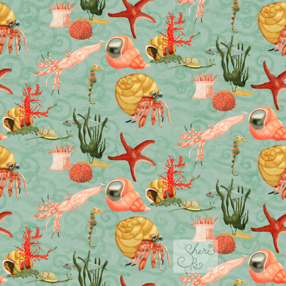 my hermit crab, starfish, seahorse, seaweed, lantern fish, coral, anemone, sea urchin, snail pattern to retell the story "A House for Hermit Crab" by Eric Carle