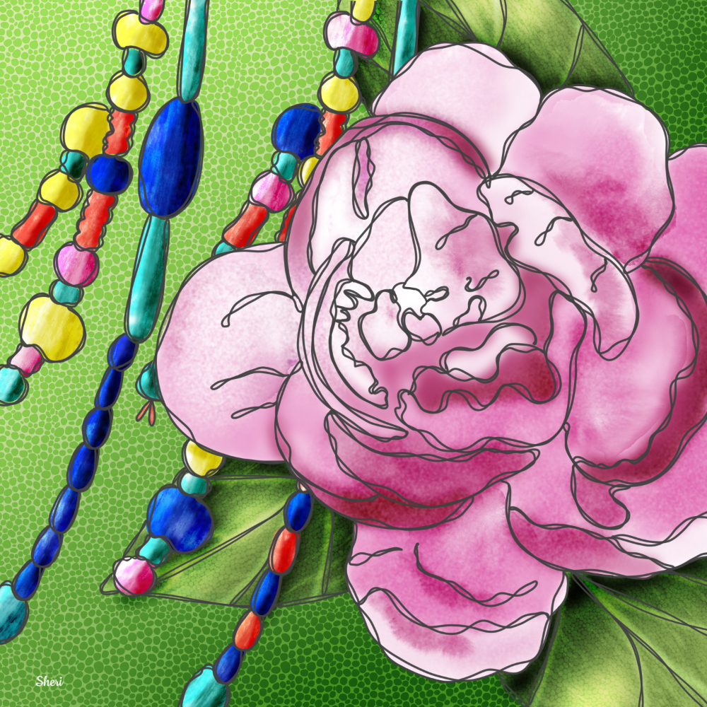 Two things to delight a special someone in my life Peonies and beads in a contour color drawing