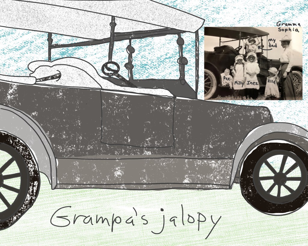Gramma Sophie, my dad hanging, aunties and Uncle Dee as baby
In Sunday dress up on the horseless carriage And the sketch ©