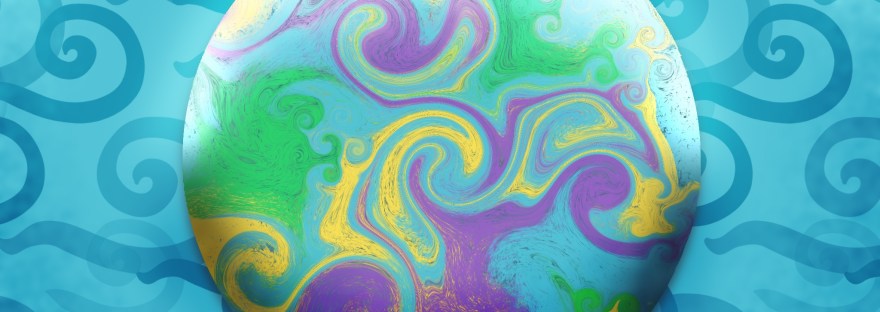 Marblized spring colors [pink, green,yellow, teal] floating on wavy background
