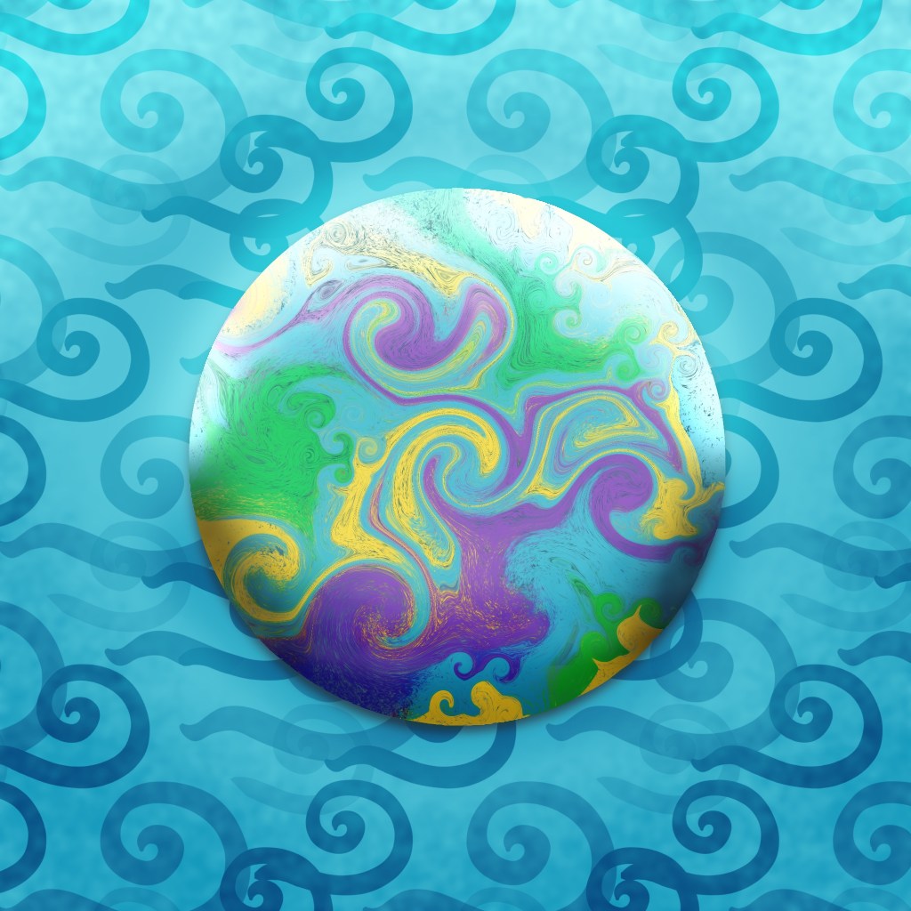 Marblized spring colors [pink, green,yellow, teal] floating on wavy background