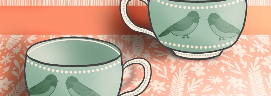 Matching cups with chickadee motifs