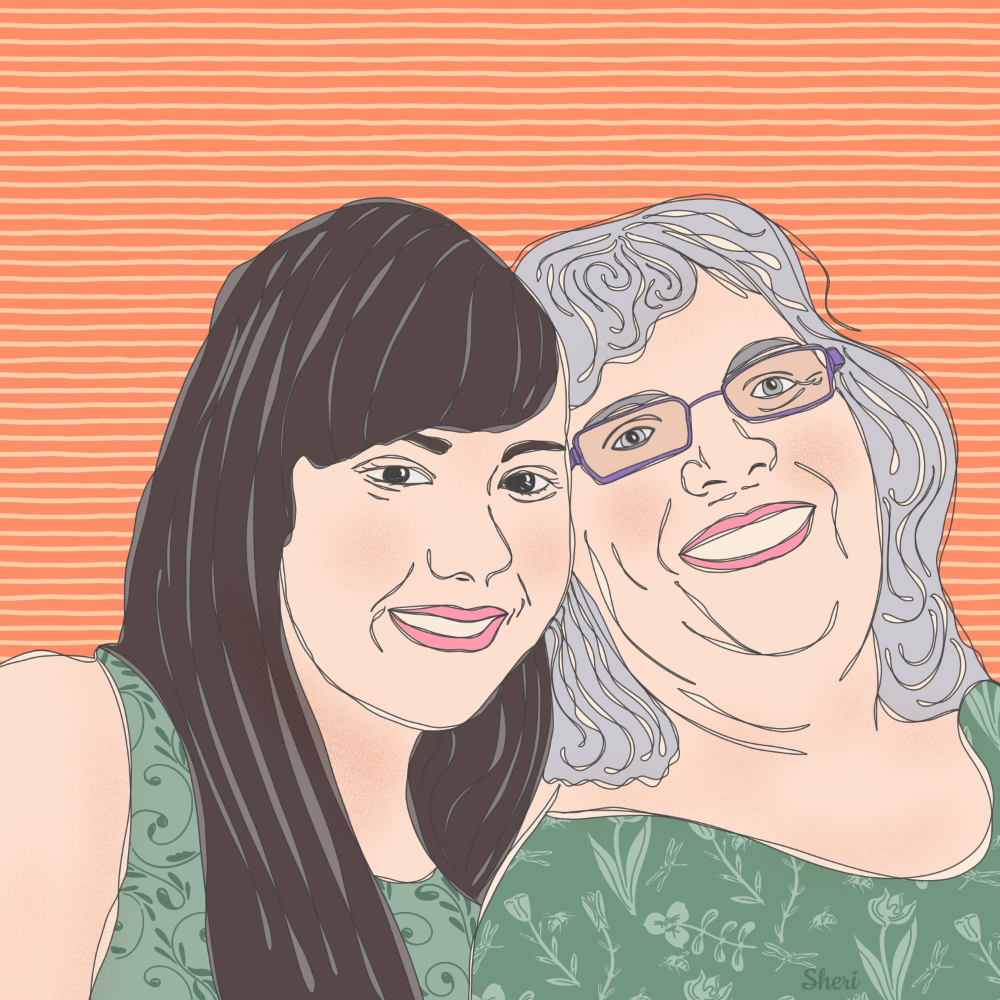Contour line drawing of granddaughter and me ©
