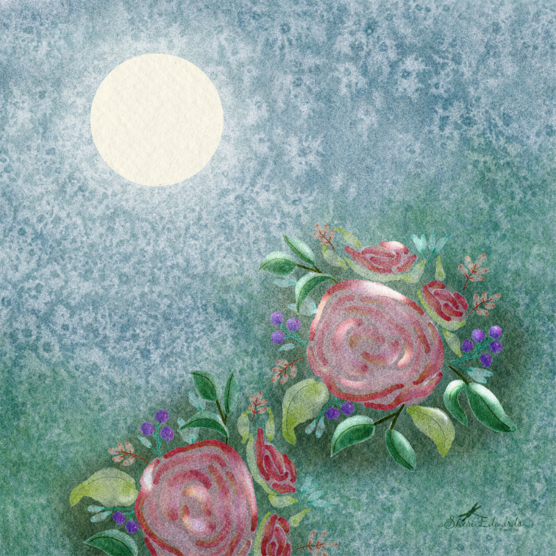 moon shining on the garden blossoms