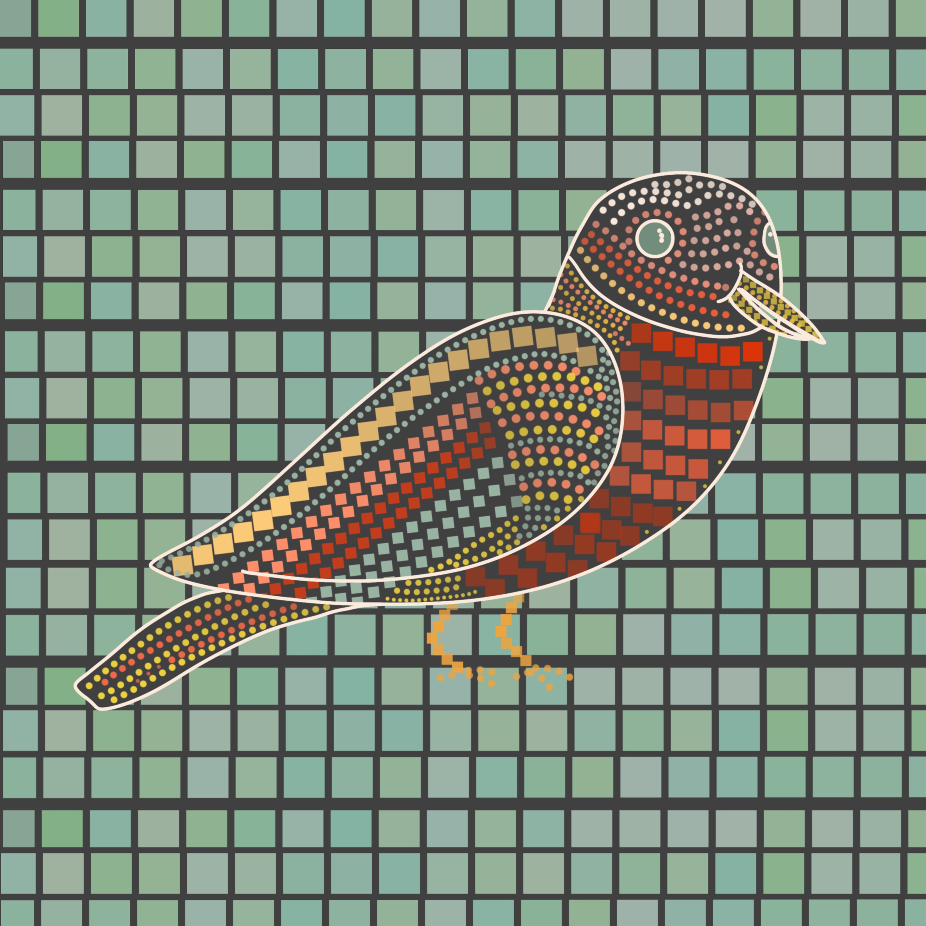 round and square for the mosaic pattern of a bird.