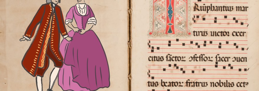 a 1736 piece of sheet music with a doodle of clothing of the period.