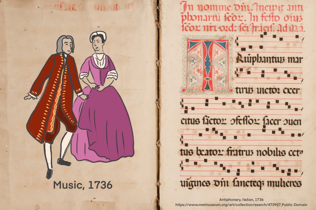 a 1736 piece of sheet music with a doodle of clothing of the period.