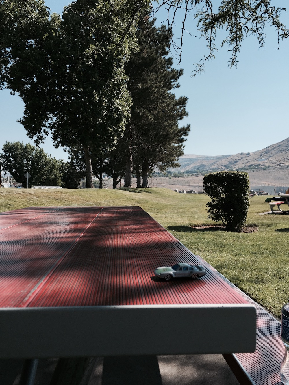 toy model car left on red picnic table in park
