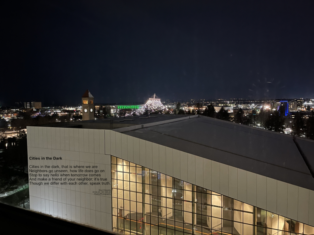 Night sky looking north over convention center in downtown Spokane, WA