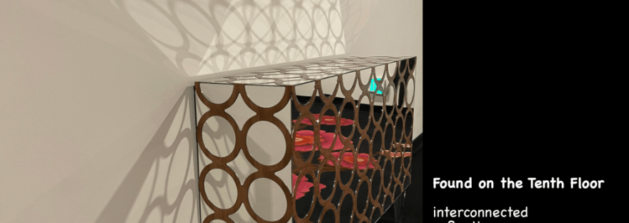 hallway furniture — circles and mirrors reflect the lights in shadows and hidden beauty of the florals in the carpet of black background