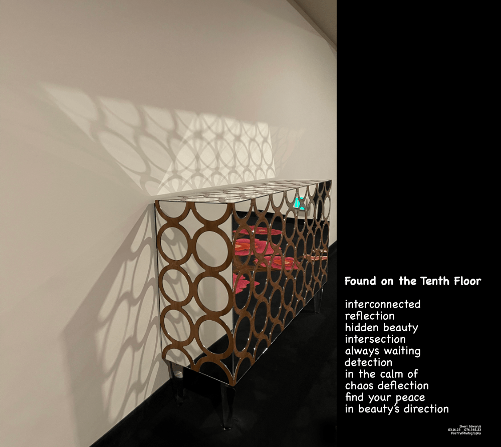 hallway furniture — circles and mirrors reflect the lights in shadows and hidden beauty of the florals in the carpet of black background