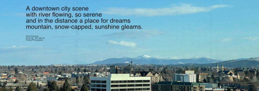 View from downtown Spokane, WA north to Mount Spokane over the Spokane River