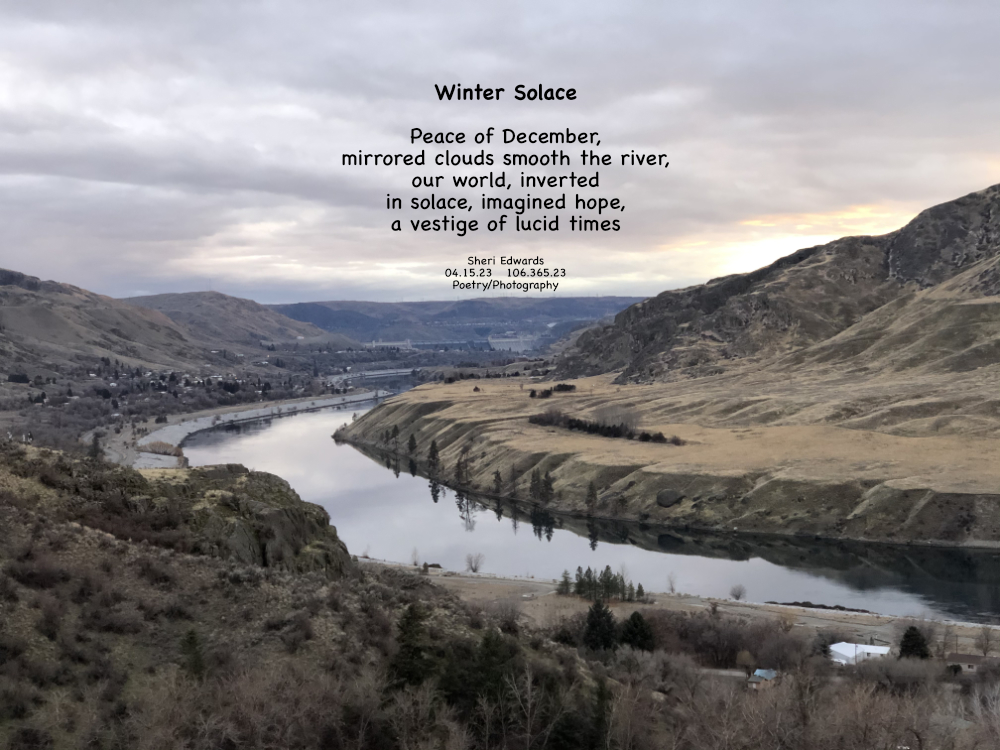 Look north on the Columbia River [Lake Rufus Woods] towards Grand Coulee Dam in December, 2019, near sunset.