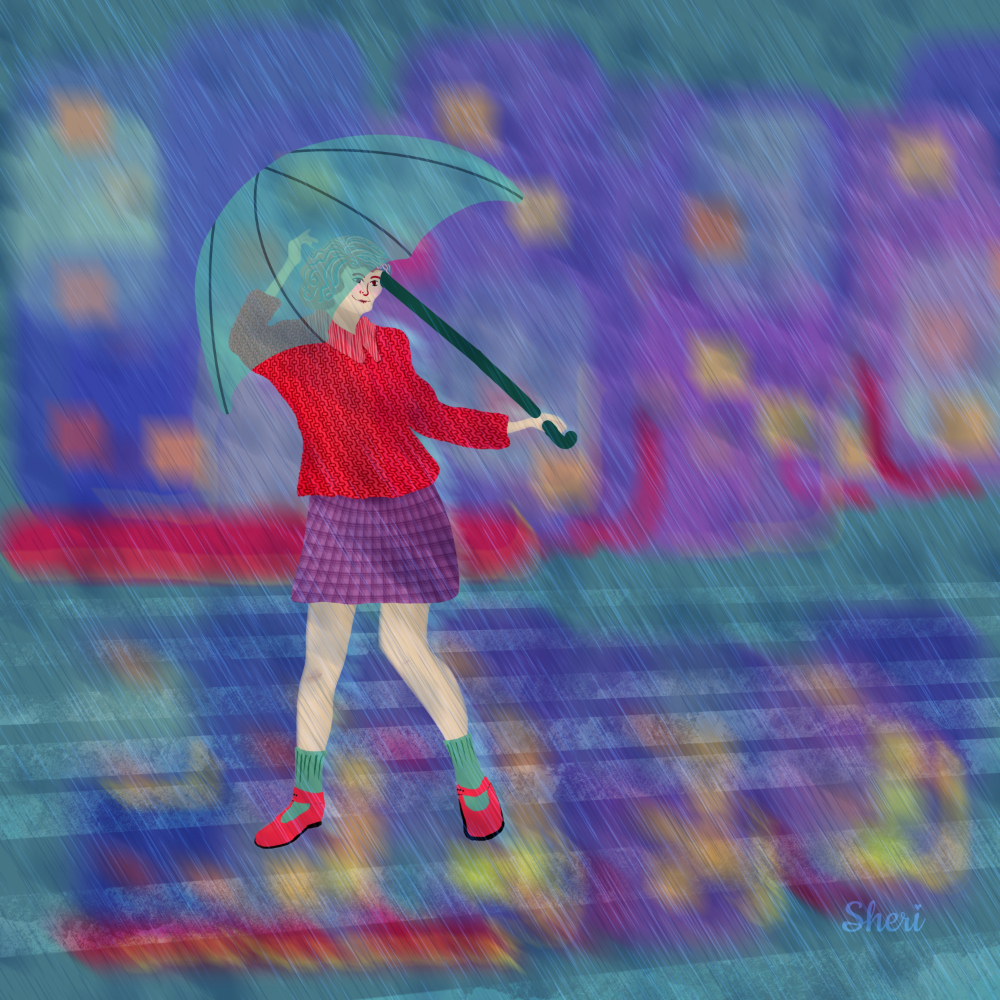 Rainy Nights — girl dancing in the rainy night streets with umbrella