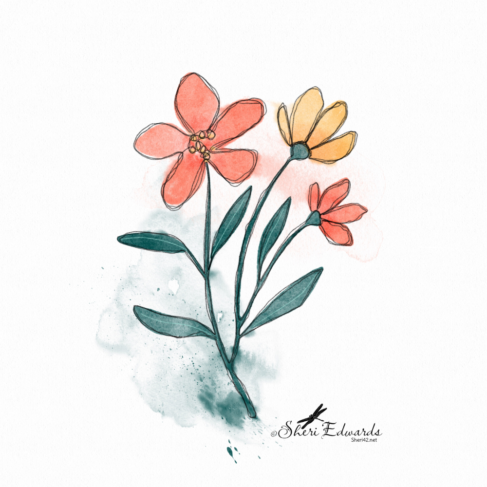 three flowers in messy watercolor style
