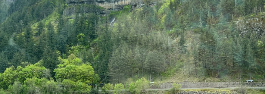 A waterfall cascading over the Columbia Gorge along the mighty Columbia River.