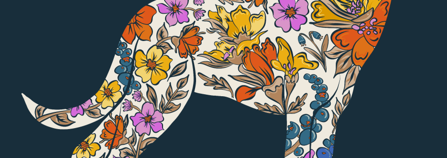 creme wolf silhouette on navy background with chintz florals as fill