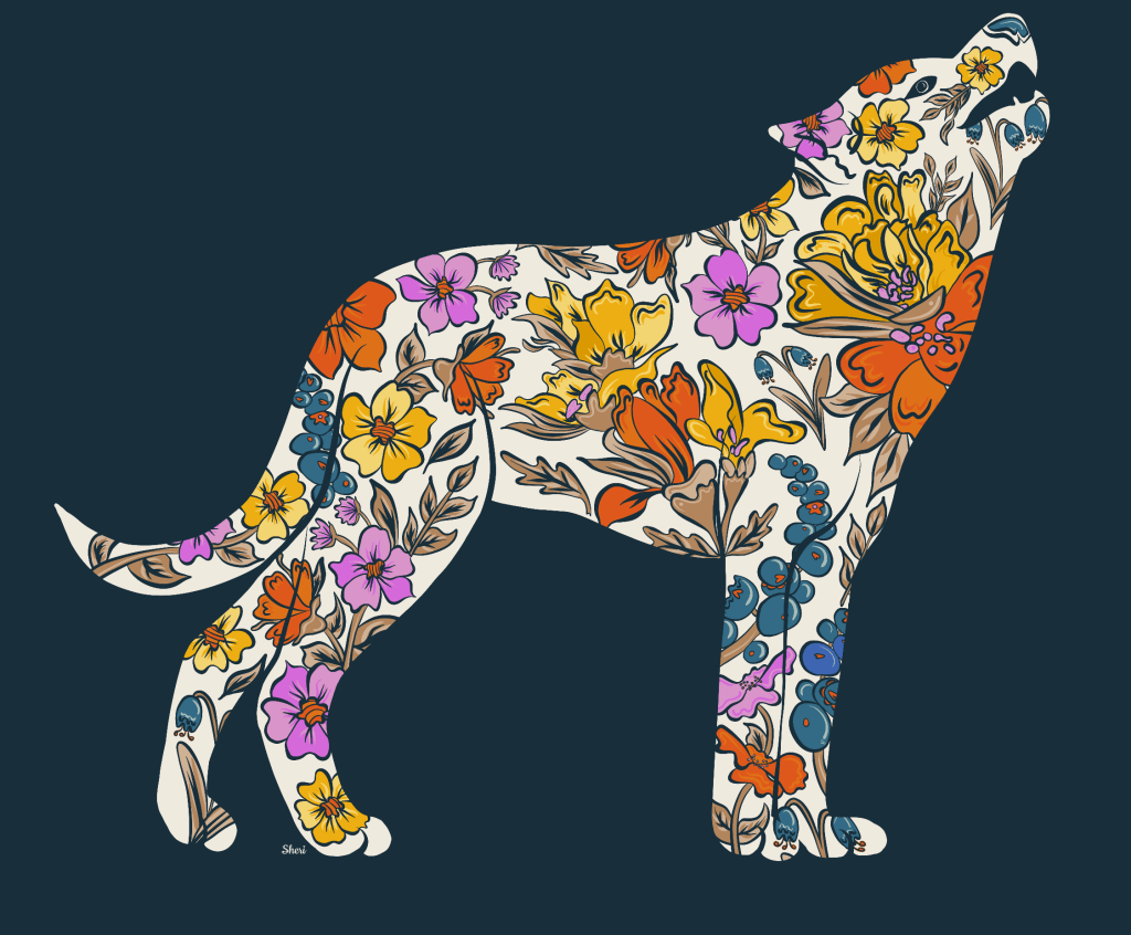 creme wolf silhouette  on navy background with chintz florals as fill
