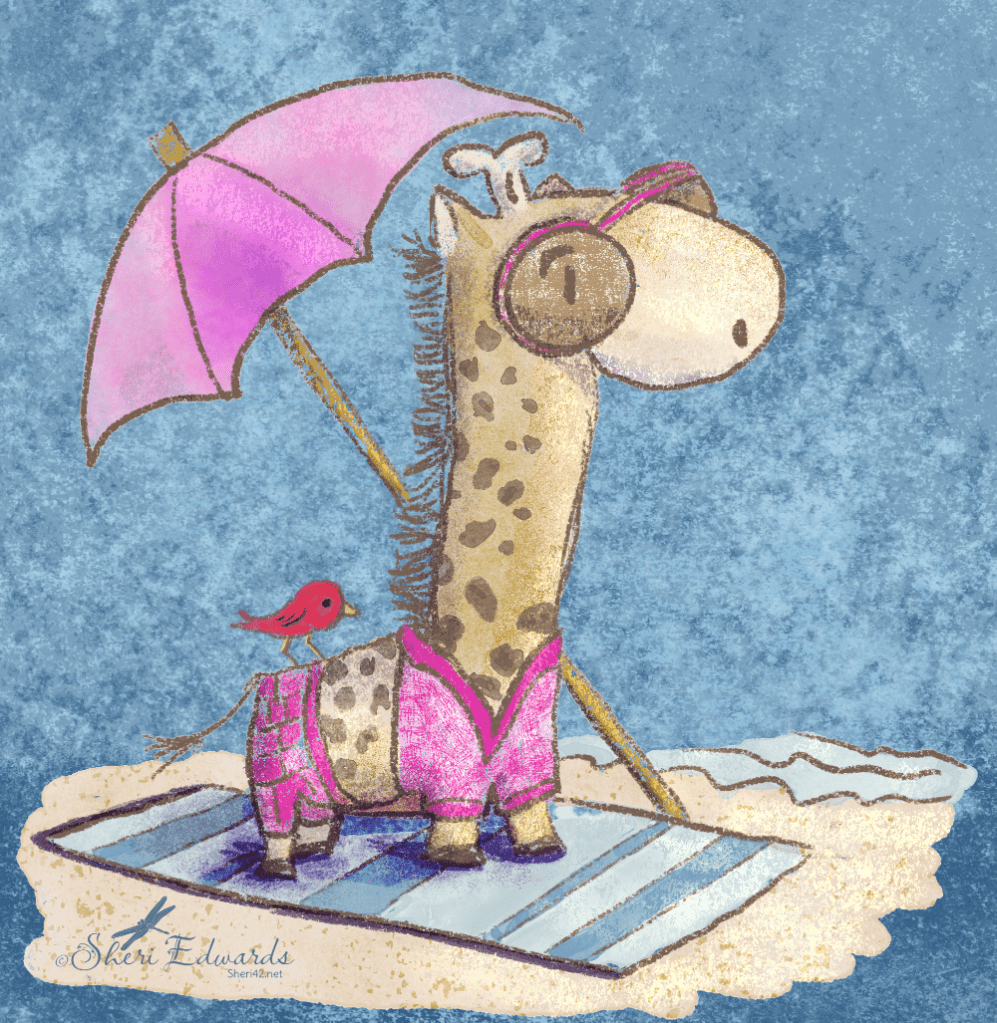 giraffe at the beach, smiling