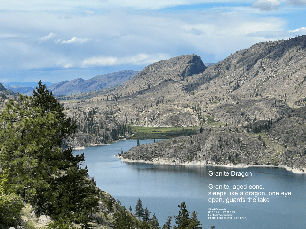Omak Lake, surrounded by granite formed millions of years ago and carved by glaciers tens of thousands of years ago, seems to be guarded by this granite dragon. Scott Hunter, Photo. I added her eye.