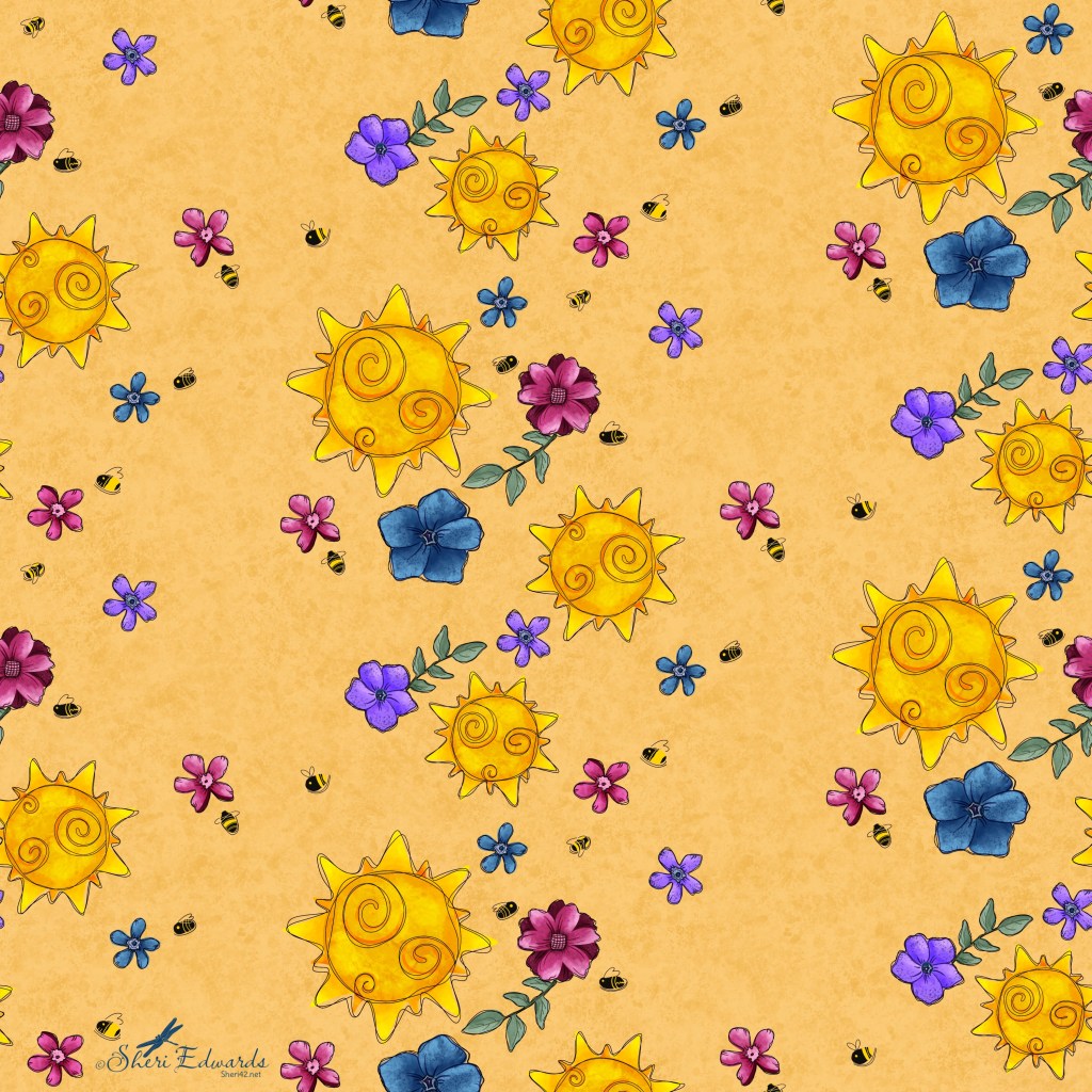 Repeating pattern of sun, florals, bees by Sheri Edwards