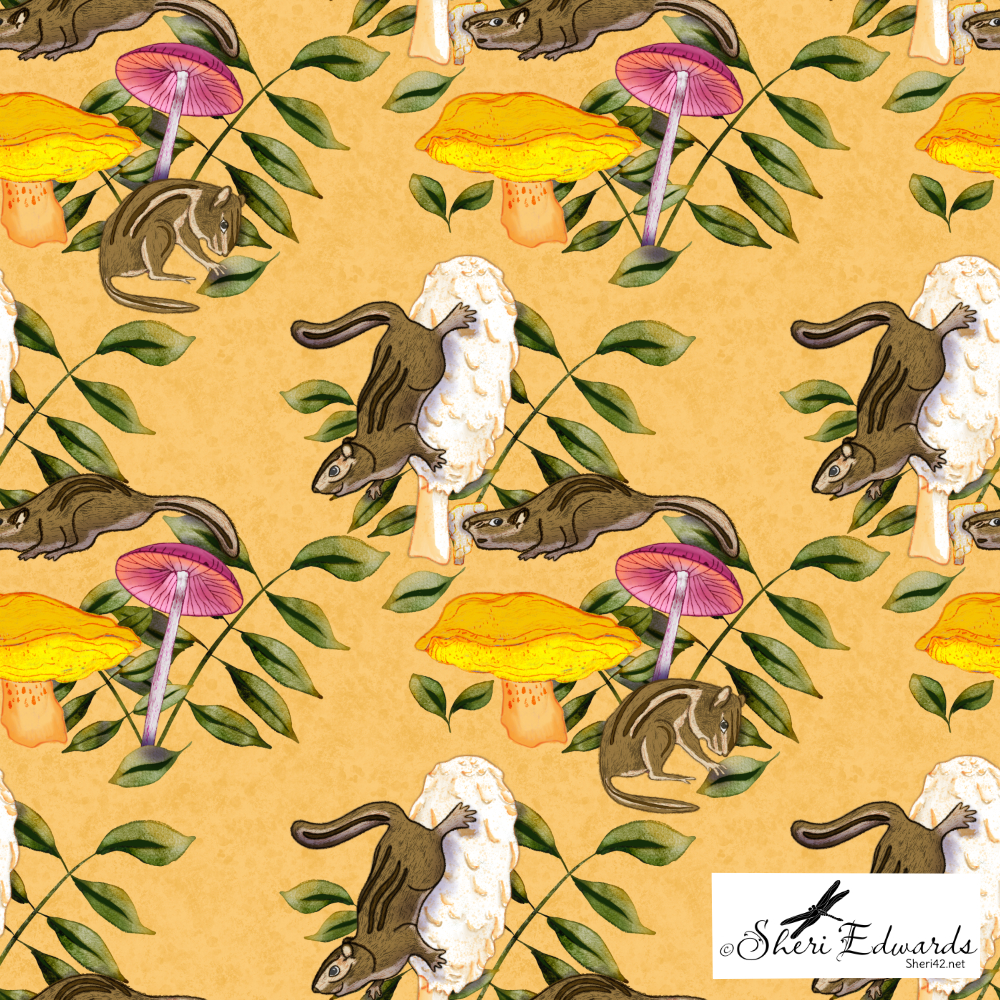 Within the forest, chipmunks scamper around among the flora and fungi of the forest floor.

Illustration by Sheri Edwards
