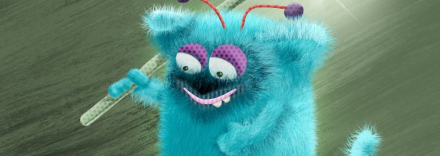 Furry teal cute monster holding a lantern on a stick while looking at a lady bug. Illustration by Sheri Edwards
